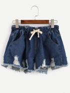 Romwe Blue Frayed Drawstring Denim Shorts