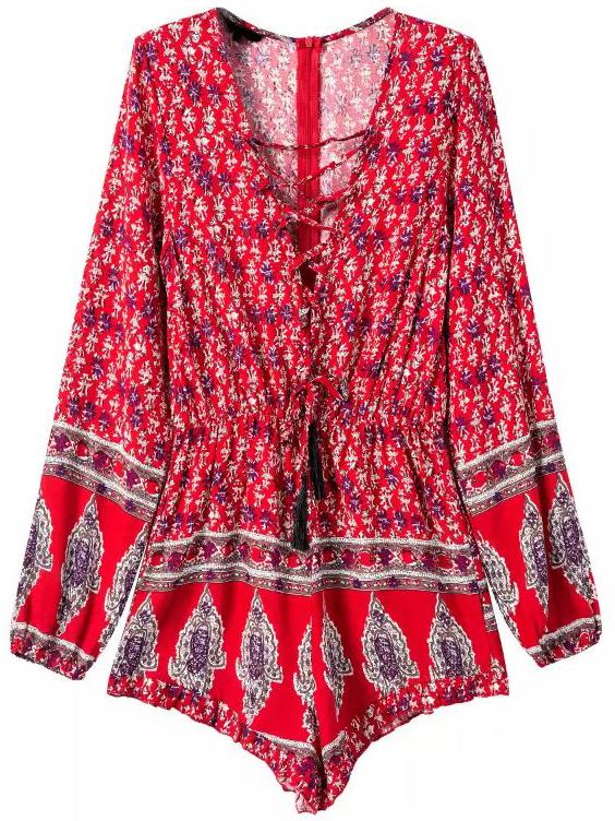 Romwe Deep V Neck Print Lace Up Romper