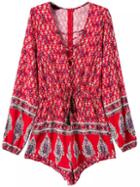 Romwe Deep V Neck Print Lace Up Romper