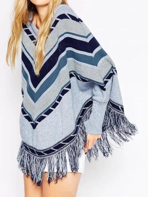 Romwe Blue Grey Round Neck Batwing Striped Cape Sweater