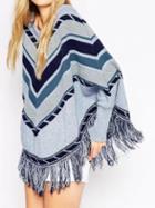 Romwe Blue Grey Round Neck Batwing Striped Cape Sweater