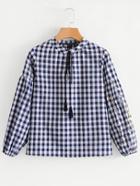 Romwe Tie Neck Embroidered Sleeve Gingham Blouse