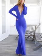 Romwe Blue Plunge Ruched Cut Out Back Maxi Dress