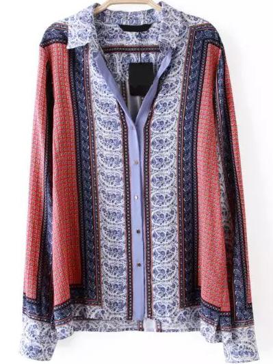 Romwe Lapel Long Sleeve Vintage Print Red Blouse