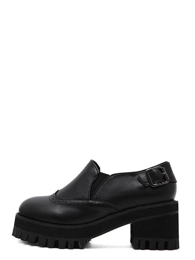 Romwe Black Buckle Strap Laser Out Elastic Flatform Wedges