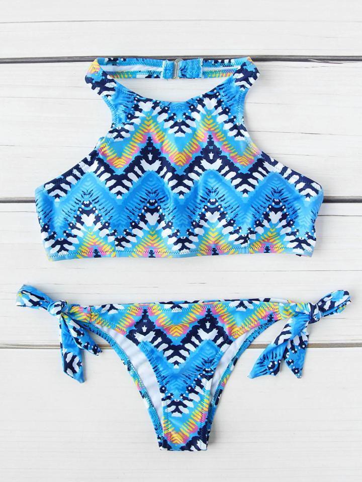 Romwe Chevron Print Side Tie Halter Bikini Set