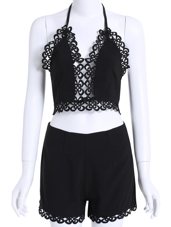 Romwe Halter Hollow Lace Up Top With Zipper Black Shorts