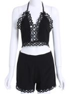 Romwe Halter Hollow Lace Up Top With Zipper Black Shorts