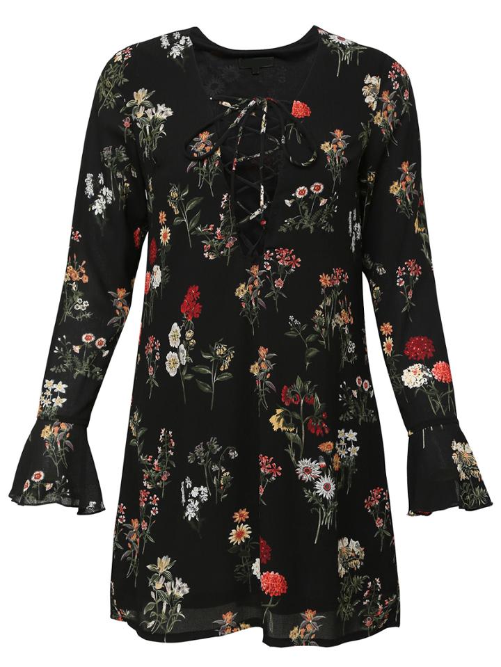 Romwe Black Ruffle Sleeve Lace Up Floral Dress