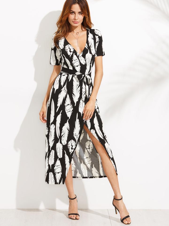 Romwe Deep V Neck Feather Print Self Tie Split Wrap Dress