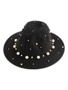 Romwe Faux Pearl Embellished Fedora Hat With Rivet
