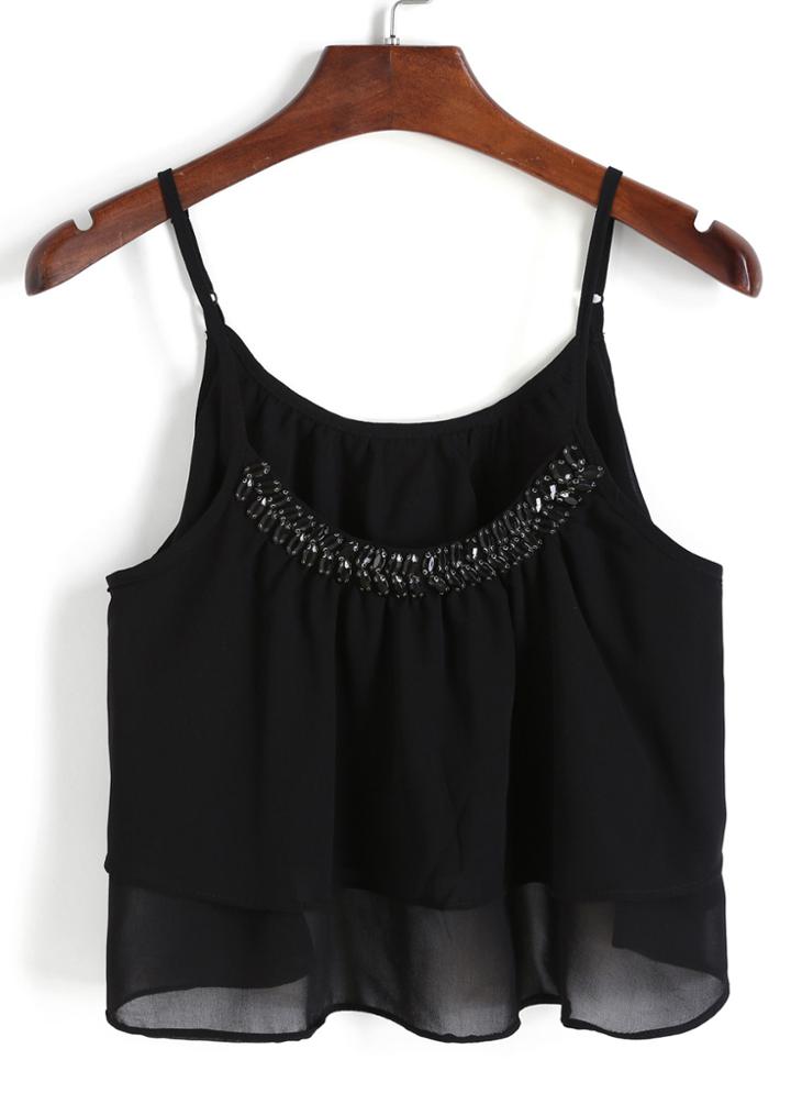 Romwe Spaghetti Strap With Bead Black Cami Top