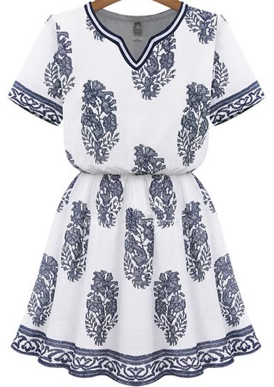 Romwe White V Neck Short Sleeve Floral Dress
