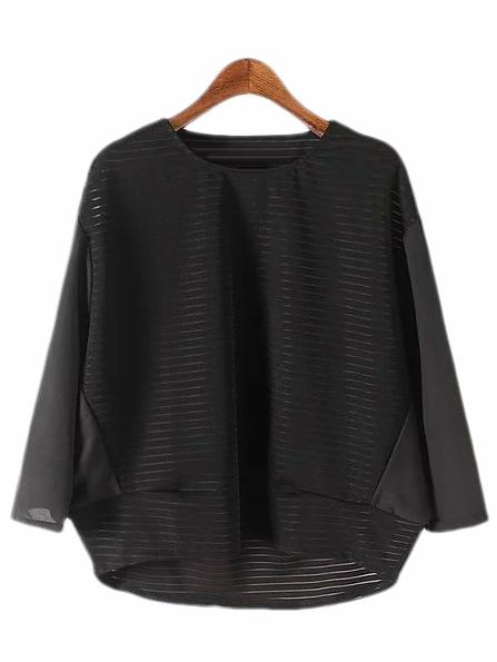 Romwe Black Dip Hem See-through Stripe Loose Blouse