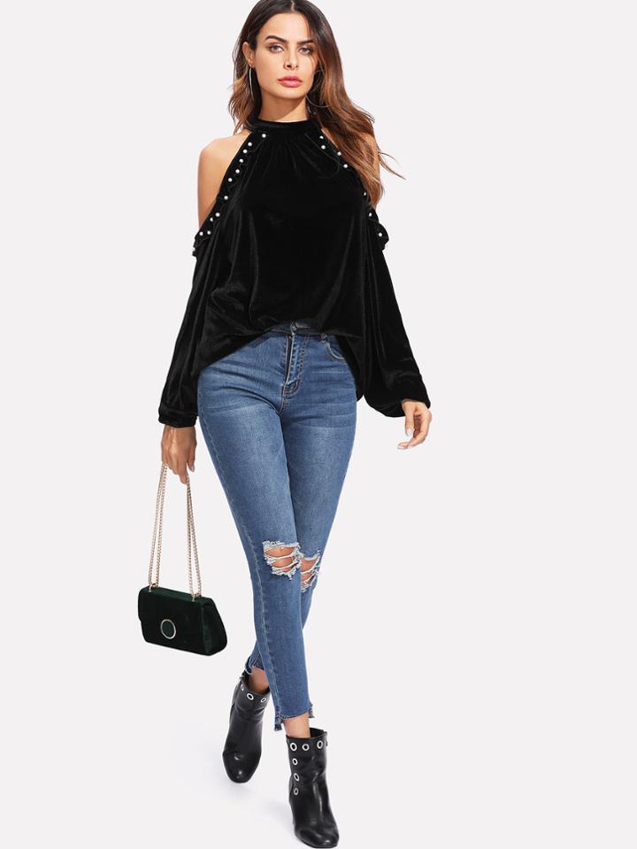 Romwe Pearl Beading Open Shoulder Velvet Top