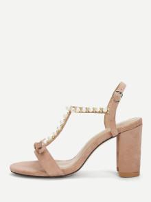 Romwe Faux Pearl Decorated Heeled Sandals With Bow