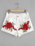Romwe Embroidered Flower Patch Topstitch Shorts