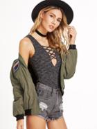 Romwe Army Green Contrast Trim Letter Print Embroidered Patches Jacket
