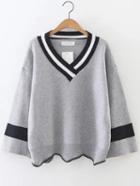 Romwe Grey Color Block V Neck Asymmetrical Sweater