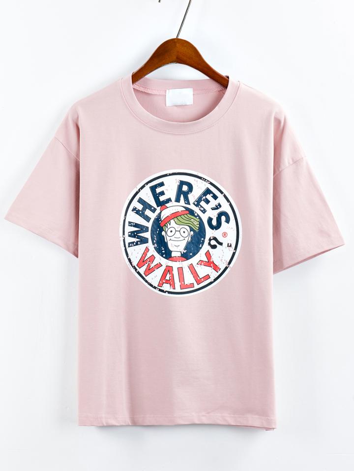Romwe Cartoon Print Drop Sleeve T-shirt - Pink