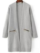 Romwe Grey Ribbed Trim Zipper Pocket Long Sweater Coat