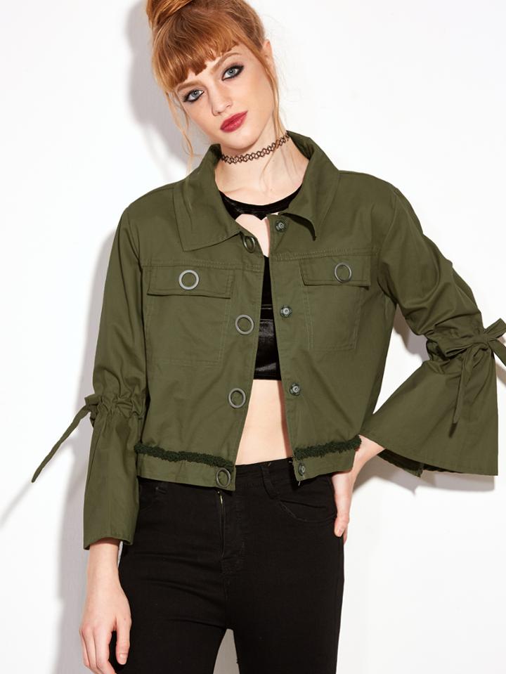 Romwe Army Green Bell Sleeve Bow Tie Crop Coat