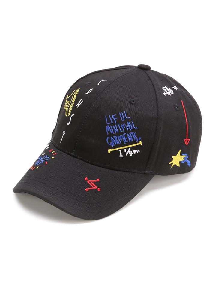 Romwe Black Pattern Embroidery Baseball Cap