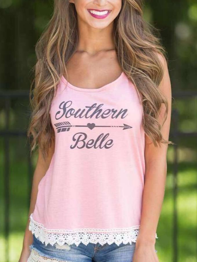 Romwe Pink Letter Print Crochet Trim Tank Top