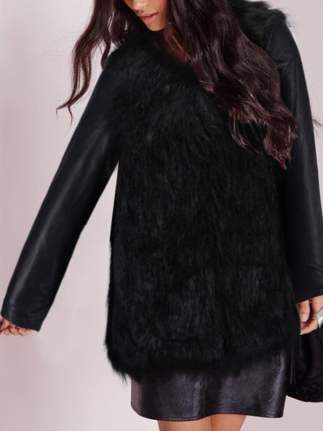 Romwe Faux Fur Slim Black Coat