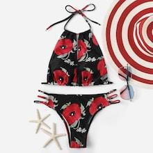 Romwe Random Floral Halter Top With  Low Rise Bikini