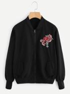 Romwe Rose Embroidered Zip Up Jacket