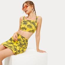Romwe Tropical Shirred Back Cami Top With Skirt