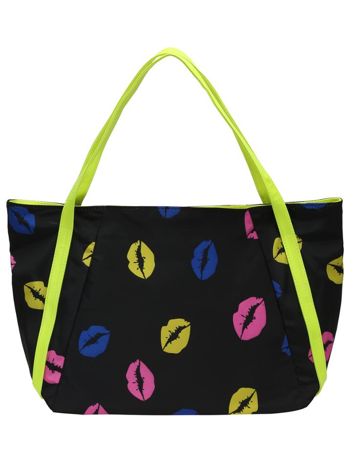 Romwe Black Pu Lips Print Fluorescent Yellow Strap Tote Bag