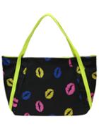 Romwe Black Pu Lips Print Fluorescent Yellow Strap Tote Bag