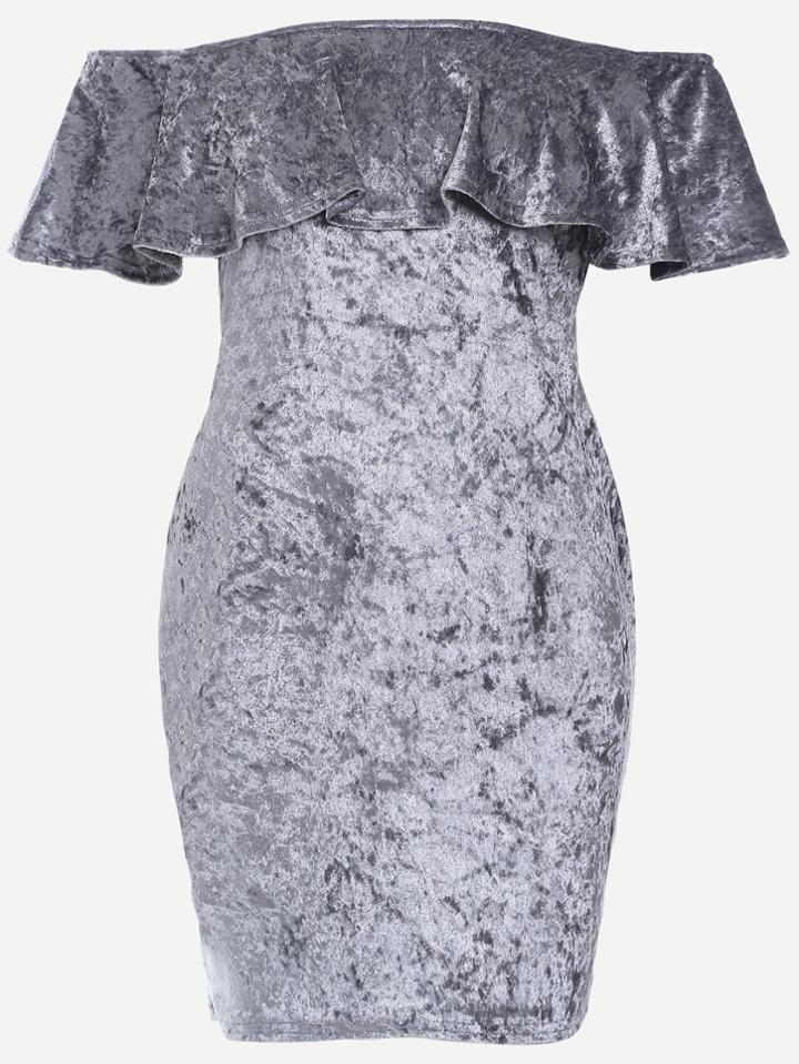 Romwe Grey Off The Shoulder Ruffle Velvet Bodycon Dress