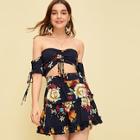 Romwe Floral Print Off The Shoulder Knot Top With Ruffle Hem Skirt
