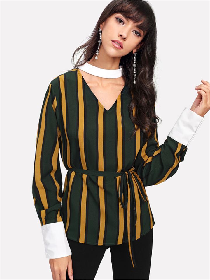Romwe Contrast Choker Neck And Cuff Striped Blouse