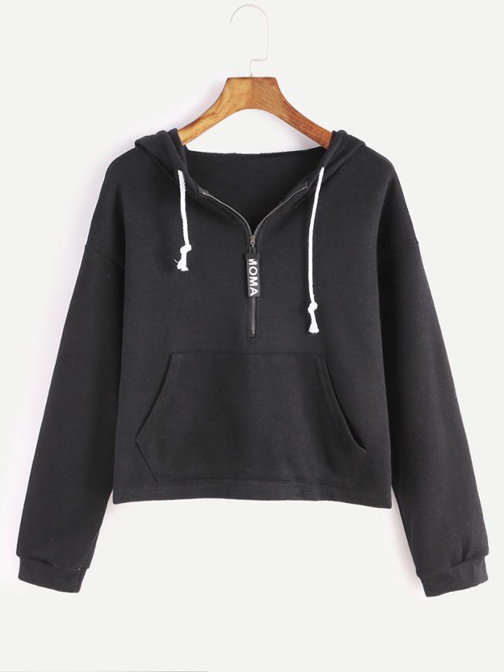 Romwe Black Zip Detail Drawstring Hooded Pocket Crop Sweatshirt