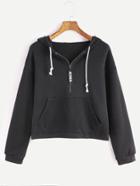 Romwe Black Zip Detail Drawstring Hooded Pocket Crop Sweatshirt