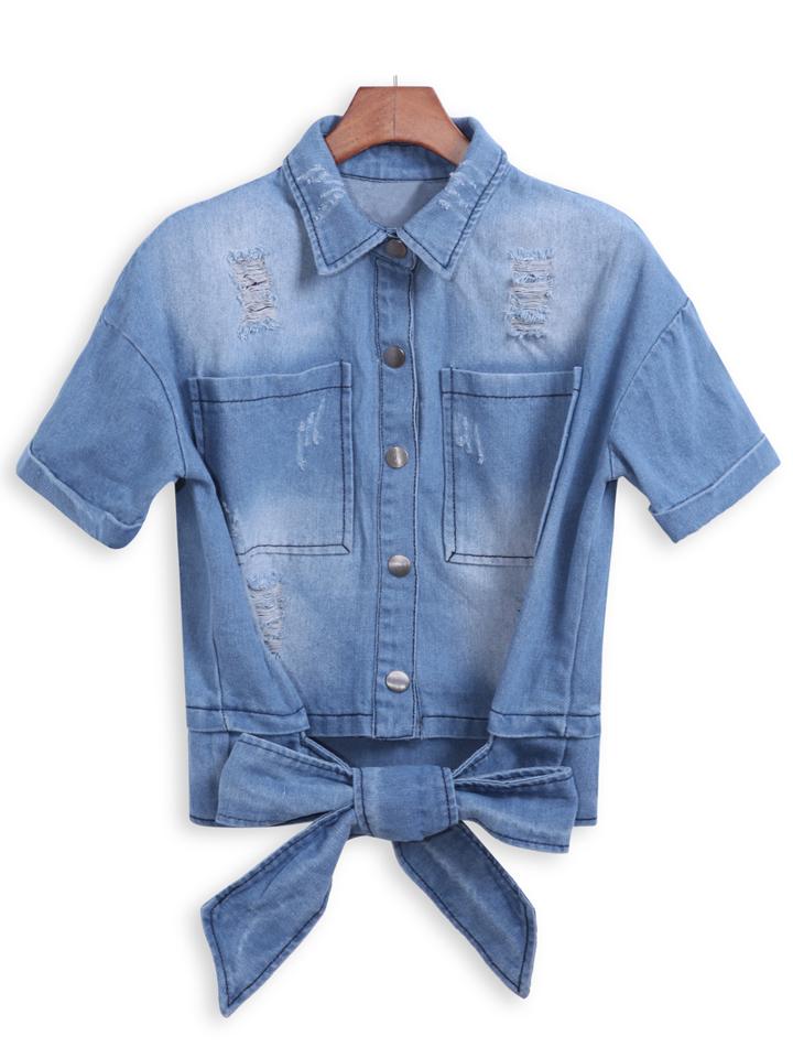 Romwe Lapel With Bow Ripped Pockets Denim Crop Coat