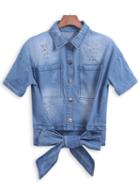 Romwe Lapel With Bow Ripped Pockets Denim Crop Coat