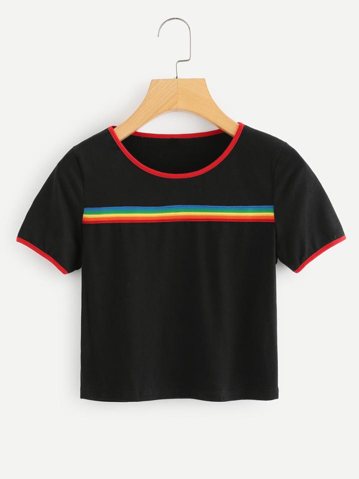 Romwe Rainbow Print Contrast Trim T-shirt