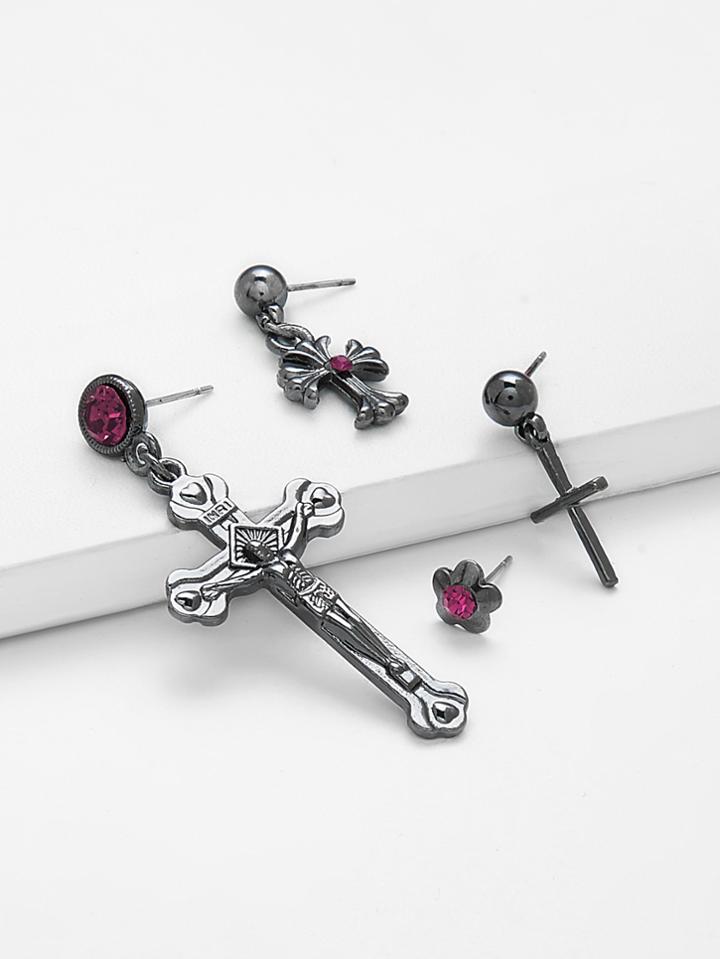 Romwe Cross & Flower Design Earring Set