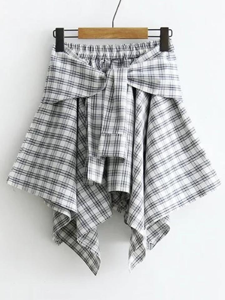 Romwe Tie Waist Grid Asymmetrical Skirt