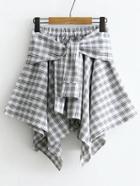 Romwe Tie Waist Grid Asymmetrical Skirt