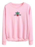Romwe Pink Dropped Shoulder Seam Cactus Embroidered Sweatshirt