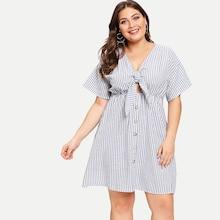 Romwe Plus Striped Single Breasted Cut Out Knot Front Dress