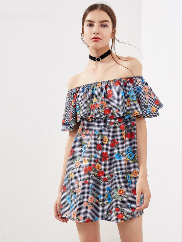 Romwe Vertical Striped Layered Flounce Bardot Dress