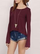 Romwe Wine Red Long Sleeve Cut Out Backless T-shirts