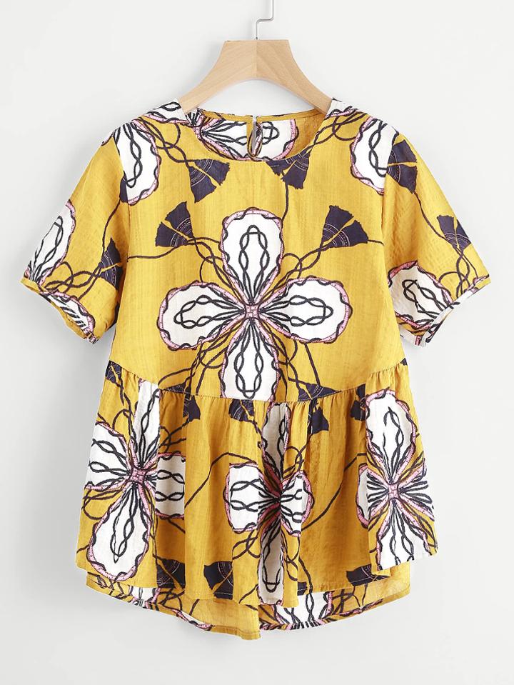 Romwe All Over Graphic Print Smock Blouse